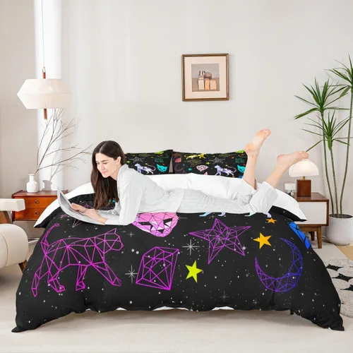 Miniatura 25 de Juego de funda de edredón para niños con diseño de gato negro, tamaño individual, juego de ropa de cama de animales lindos con burbujas de baño