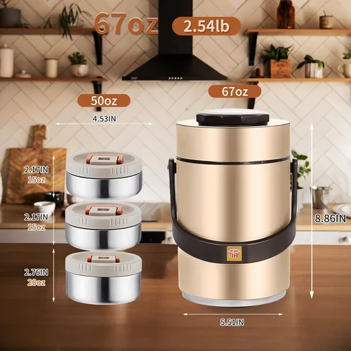 Miniatura 3 de Termo mejorado de 67 onzas para comida caliente, termo apilable de 3 capas, tarro de sopa con bolsa aislante, ideal para oficina, comidas al aire 67