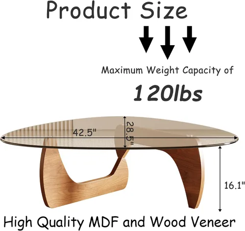 Miniatura 2 de Honyee Morden Mesa de centro, 42.5 x 28.5 x 16.1 pulgadas, parte superior triangular de vidrio templado para sala de estar, color: madera natural