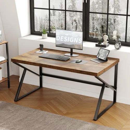HSH Escritorio rústico marrón, escritorio industrial para computadora de oficina en casa, mesa de computadora de metal y madera estilo granja,