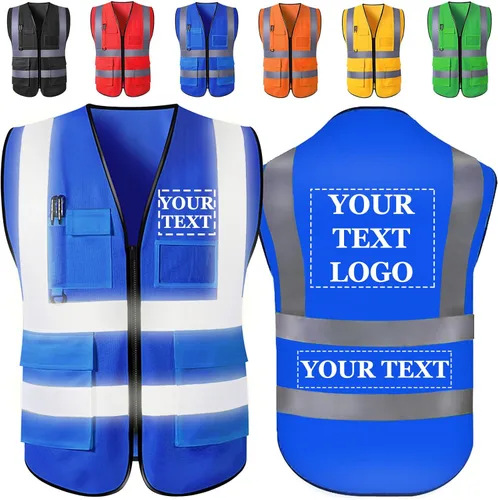 Chaleco de seguridad personalizado con logotipo, texto, nombre, alta visibilidad, bolsillos y cremallera, a granel para mujeres y hombres Azul