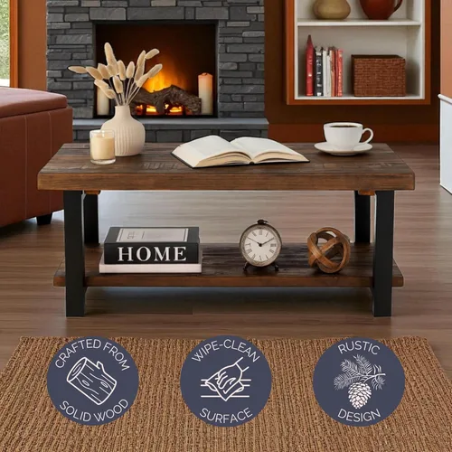 Miniatura 3 de Pomona - Mesa auxiliar rectangular de madera maciza de 42 pulgadas con estante de almacenamiento y patas de metal, mesa rústica industrial para sala