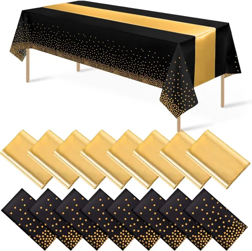 16 paquetes de manteles de plástico desechables y juego de camino de mesa de satén negro dorado con puntos dorados para graduación, boda,