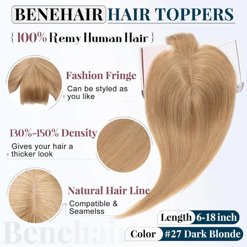 Miniatura 2 de Benehair Peluca de cabello con clip con flequillo, peluca secreta de cabello 100% humano, postizo superior con flecos, peluca de repuesto