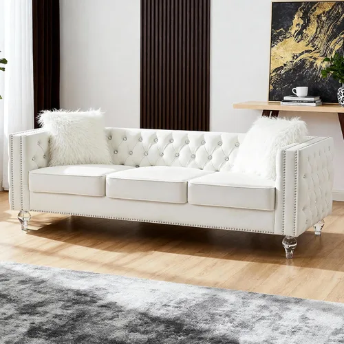 Miniatura 14 de Chesterfield - Sofá biplaza de lujo con patas acrílicas, sofás de 2 plazas, moderno de 59.84 pulgadas, con botones de diamante copetudo, con ribete