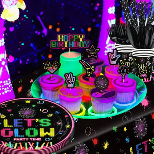 Miniatura 8 de 231 piezas de suministros de fiesta de neón que brillan en la oscuridad, decoraciones de fiesta de luz negra, juego de vajilla para fiesta, platos