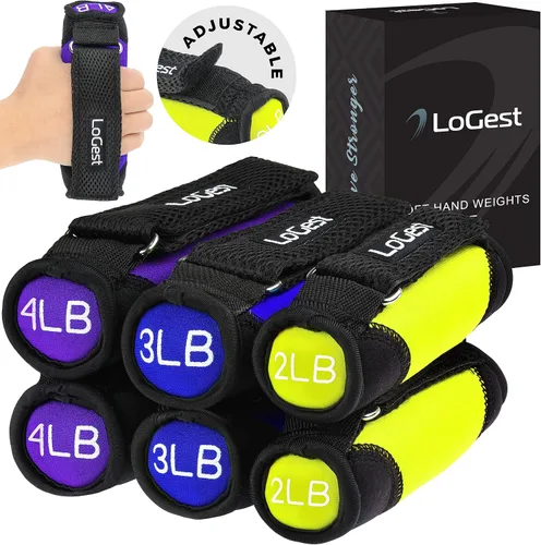 Logest Pesas Suaves para Manos - Mancuernas de Neopreno Ajustables (1 libra, 2 libras, 3 libras, 4 libras) - Rojo, Amarillo, Azul, Morado - Correas