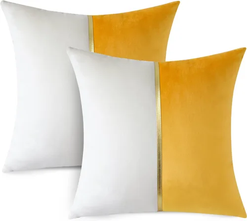 Miniatura 9 de OTOSTAR Fundas de almohada de terciopelo amarillo y blanco con retazo de cuero dorado, lujosas, modernas, minimalistas, cuadradas, para sala
