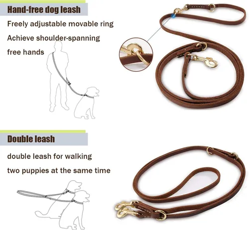 Miniatura 4 de LWBMG Correa de cuero para perro de 8 pies, correas de cuero multifunción 6 en 1 para perros, manos libres, cuerpo cruzado, cinturón de cintura Negro