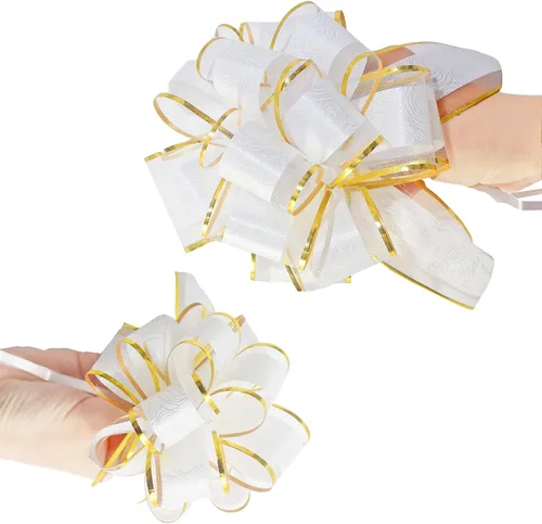 WEWILUCK Lazo de regalo para envolver regalos, 10 lazos blancos con línea dorada para árbol de Navidad, regalos de Navidad, decoración de boda,