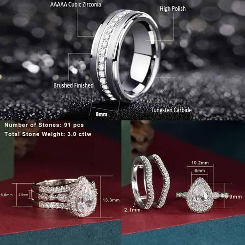 Miniatura 4 de Newshe Jewellery Juego de anillos de boda para él y ella, anillos de promesa AAAAA para parejas, mujeres, hombres, banda en forma de pera, talla 5-13