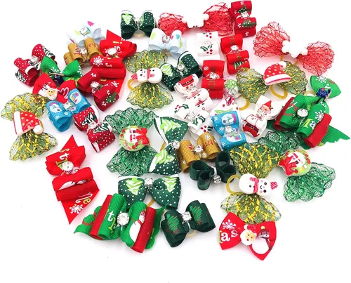 Miniatura 14 de 50 unidades (25 pares) lazos para el pelo de perros pequeños, patrón aleatorio con diamantes de imitación, lazo para el pelo para cachorros, gatos