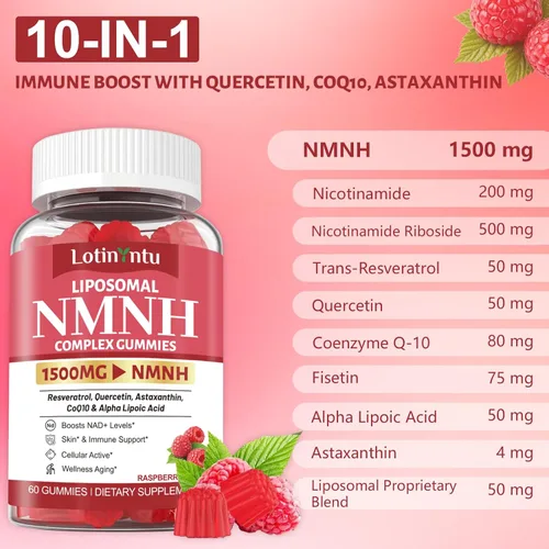 Miniatura 3 de 1500MG Liposomal NMN Supplement NMNH Gummies-NAD Supplement to Boost NAD+, Nicotinamide Riboside ＆ Quercetin, Improve Energy Levels ＆ Enhance