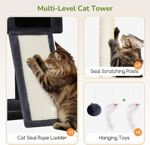 Miniatura 5 de Globlazer Árbol para gatos resistente de 83 pulgadas, torre gigante para gatos con 2 condominios y 3 cestas colgantes, condominio alto de varios
