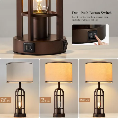 Miniatura 2 de SRJJA Juego de 2 lámparas de mesa de granja para sala de estar y dormitorio, lámparas de noche industriales rústicas para mesitas de noche con USB