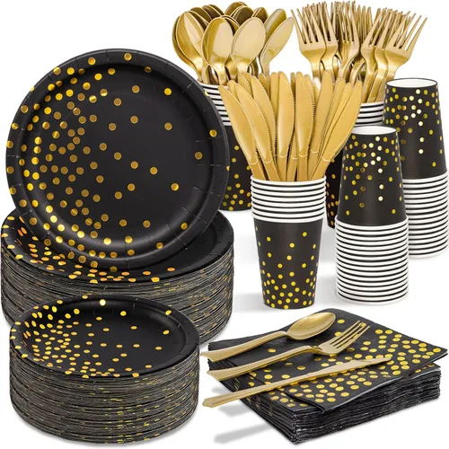 Miniatura 9 de Suministros de fiesta blanco y oro rosa – Juego de vajilla desechable de 350 piezas con platos de papel, servilletas, vasos, tenedores de plástico
