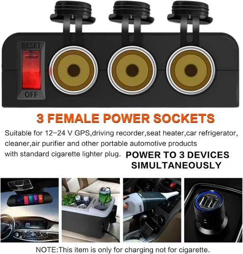 Miniatura 4 de Divisor de encendedor de cigarrillos de 3 enchufes, adaptador de toma de corriente de 12V con interruptor LED rojo de encendido/apagado, enchufe