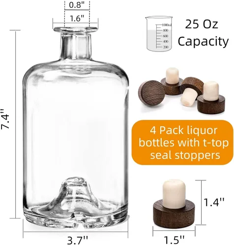Miniatura 2 de WRINGKIT Paquete de 4 botellas de licor de vidrio, botellas de vino transparentes de 25 onzas con tapón de corcho en T, dispensador de botellas