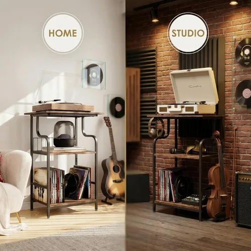 Miniatura 9 de Soporte para tocadiscos, mesa para tocadiscos de 3 niveles, almacenamiento de discos de vinilo con escritorio extragrande, mesa auxiliar para discos