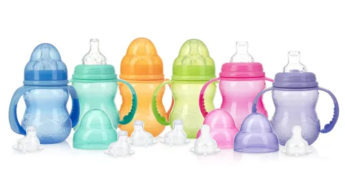 Botella de cuello ancho Nuby 3-Stage, no derrames, botella con asas y pico de jugo antigoteo, 3 meses, 8 onzas, 3 meses, Multicolor