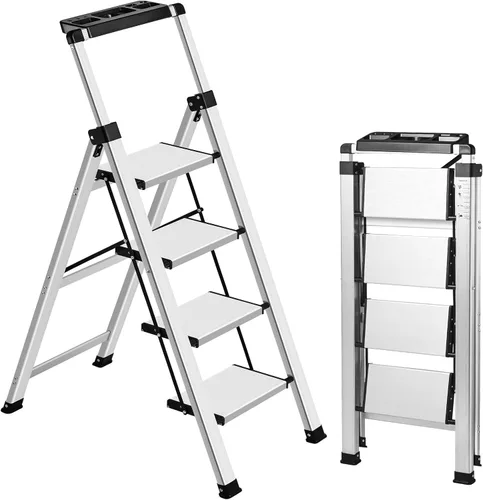 Miniatura 12 de XinSunho Escalera de 3 escalones, empuñadura retráctil plegable con pedal ancho antideslizante, 3 escalones de aluminio, escalera de seguridad