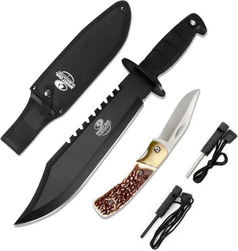 MOSSY OAK Cuchillo Bowie de supervivencia de 15 pulgadas y cuchillo de bolsillo plegable, cuchillo de caza de hoja fija con funda, sacapuntas y