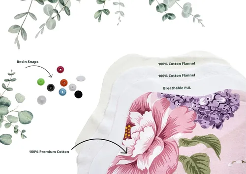 Miniatura 7 de Lilind ® Paquete de 7 toallas de tela para tanga en flores rojas, 100% algodón orgánico, reutilizables, lavables, toallas sanitarias menstruales