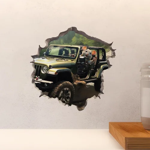 Miniatura 4 de My Wonderful Walls Jeep Wrangler Mouse in Mouse Hole - Adhesivo de pared 3D de vinilo verde con diseño de dibujos animados para paredes, vidrio
