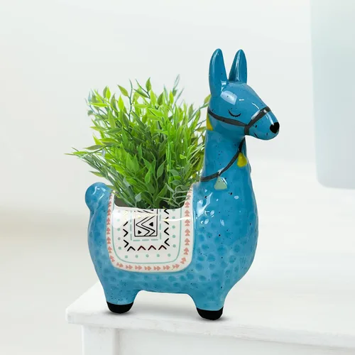 Miniatura 4 de Maceta de llama de cerámica para plantas suculentas, bonita decoración de alpaca para el hogar, oficina, 8 1/2 pulgadas de alto con agujeros de Azul
