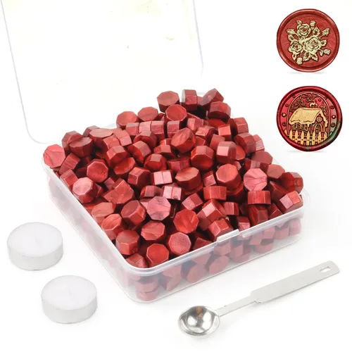 Juego de 300 cuentas de cera de sellado rojo vino para sello de cera con velas y cuchara de fusión, perfecto para tarjetas de Navidad, sobres,