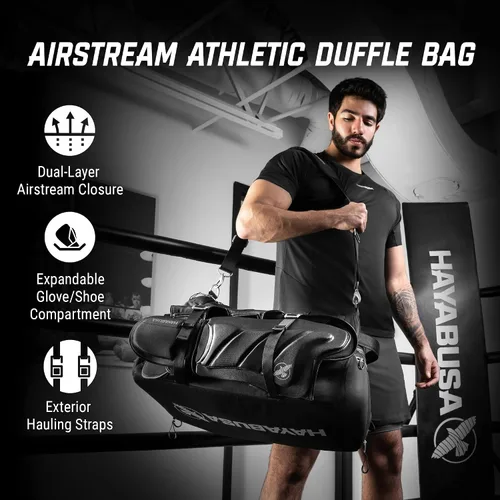 Miniatura 2 de Bolsa de gimnasio deportiva Hayabusa Airstream para mujeres y hombres - Bolsa de lona negra de 50 l - 7 bolsillos con cremallera, buena para viajes