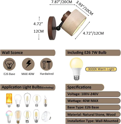 Miniatura 6 de Aplique de pared ajustable de piedra natural - Lámpara de baño de mármol con cableado directo, lámpara rústica de estilo campestre, iluminación