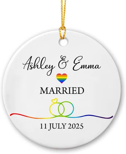 Miniatura 19 de All for Love - Adorno de cerámica LGBT arcoíris para Navidad 2025, adorno de Navidad personalizado para parejas, orgullo gay/lesbiano, adorno