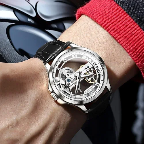 Miniatura 16 de OLEVS Relojes de esqueleto para hombre, automático, mecánico, de lujo, de cuero, impermeable, luminoso, reloj de pulsera para hombre