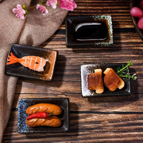 Miniatura 4 de Juego de 4 platos de cerámica para salsa de soja, rectangulares pequeños de 3.35 pulgadas, platos de inmersión de sushi con textura