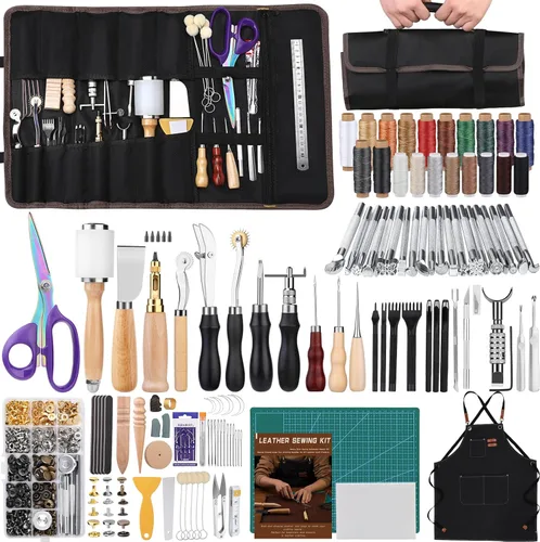 Tikjiua 456 piezas de herramientas para trabajar el cuero con delantal y bolsa de herramientas, kit de manualidades de cuero con herramientas para