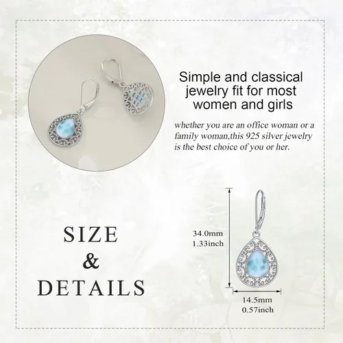 Miniatura 37 de Aretes colgantes con forma de lágrima de filigrana de piedra lunar de plata de ley 925 con cierre de palanca para mujer, regalos de joyería
