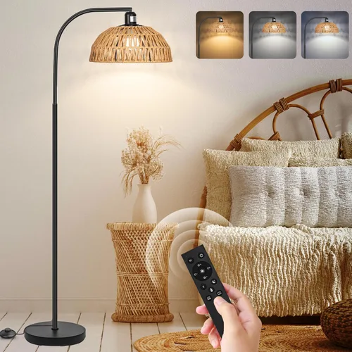 Miniatura 10 de Lámpara de pie de ratán: modernas lámparas de pie negras con control remoto y bombilla regulable continua, funciona a mano, pantalla de ratán