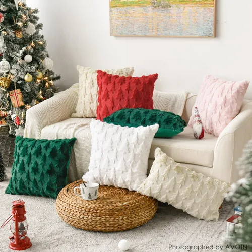 Miniatura 6 de AVOIN colorlife - Juego de 2 fundas de cojín de árbol de Navidad color beige, de 16 x 16 pulgadas, de felpa suave y pelo sintético, para sofá