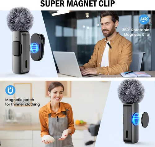 Miniatura 6 de Paquete de 2 mini micrófonos inalámbricos Lavalier para iPhone, Android, cancelación activa de ruido, micrófono magnético de solapa para TikTok