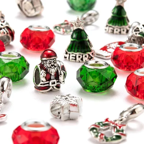 Miniatura 4 de KISSITTY Juego de 36 cuentas europeas de Navidad de 4 a 0.197 in, agujero grande de aleación y vidrio, rondelle facetado, surtido de cuentas