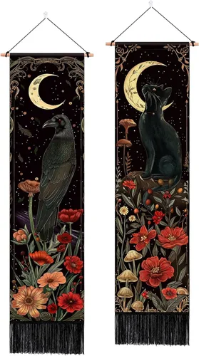 ARTCREATOR Paquete de 2 tapices verticales góticos de decoración de pared oscura caprichosa, diseño de cuervo de gato negro, místico, luna bruja,