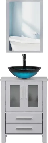 Vanidad de baño gris 24, combo de lavabo de vidrio templado, fregadero de estilo, grifo de 1.5 GPM de bronce aceitado, tocador de baño con lavabo,