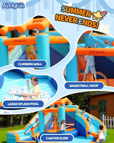 Miniatura 5 de AirMyFun Tobogán acuático inflable para patio trasero de niños, Mega parque acuático 9 en 1 con toboganes de carreras duales, pista deslizante larga