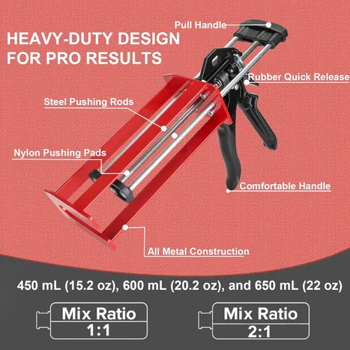 Miniatura 3 de Pistola epoxi aplicador de cartucho doble 450mL/600mL/22.0 fl oz, relación manual 1:1 y 2:1, dispensador adhesivo de 2 partes de alto empuje