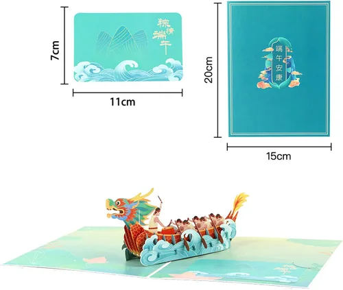 Miniatura 3 de Tarjeta de felicitación del festival de barcos del dragón chino, tarjetas de papel emergentes 3D con sobre para fiesta de Año Nuevo, regalo del día