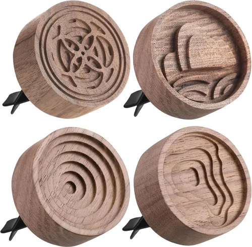 Teenyyou Difusor pasivo de aromaterapia de madera, 4 unidades, con clip de ventilación, ambientador redondo de madera de nogal, regalos de invierno