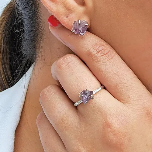 Miniatura 14 de Natural raw gemstone stud earrings with white gold over 925 sterling silver, 6 to 7mm rough genuine quality birthstone gift for her, Uniquelan