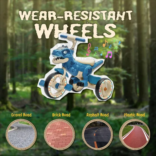 Miniatura 5 de Triciclo de dinosaurio para niños, triciclo para niños pequeños, rueda grande con ruedas anchas de EVA flash, pedales antideslizantes, cesta de Azul