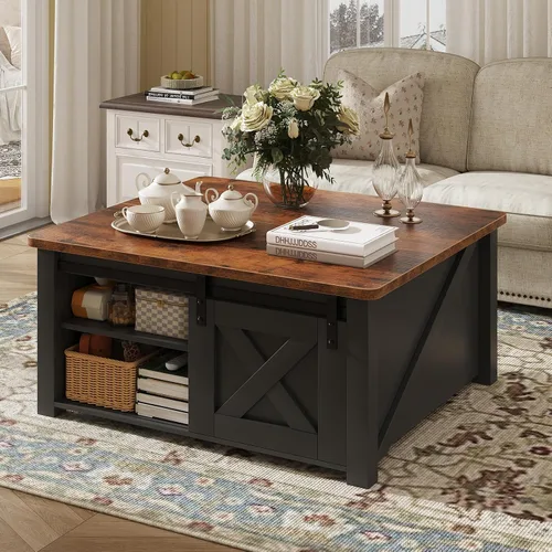Miniatura 3 de DUMOS - Mesa auxiliar elevable, mesa central con almacenamiento, mesas cuadradas para sala de estar con estantes ajustables, modernas mesas de Madera